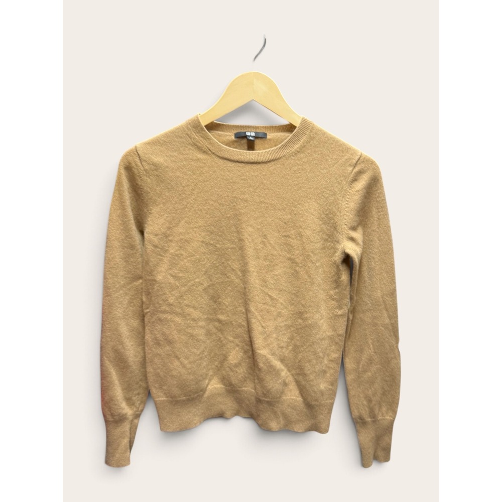 Uniqlo Cashmere Sweater Womens Small Tan Camel Crew Neck Long Sleeve Knit Top